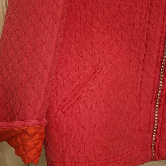 Quacker Factory XL SILK Vibrant Pink Orange lined Quilted Jacket bling zipper - Picture 7 of 11